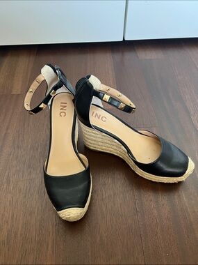 INC International Concepts Black Espadrille Wedge Sandals with Ankle Strap